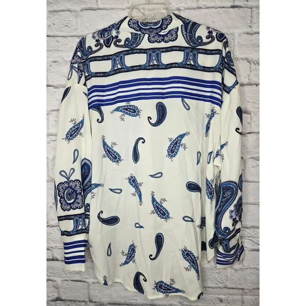 Express Portofino Shirt Womens Large Blue Paisley Striped Oversized Career Satin - Picture 4 of 8